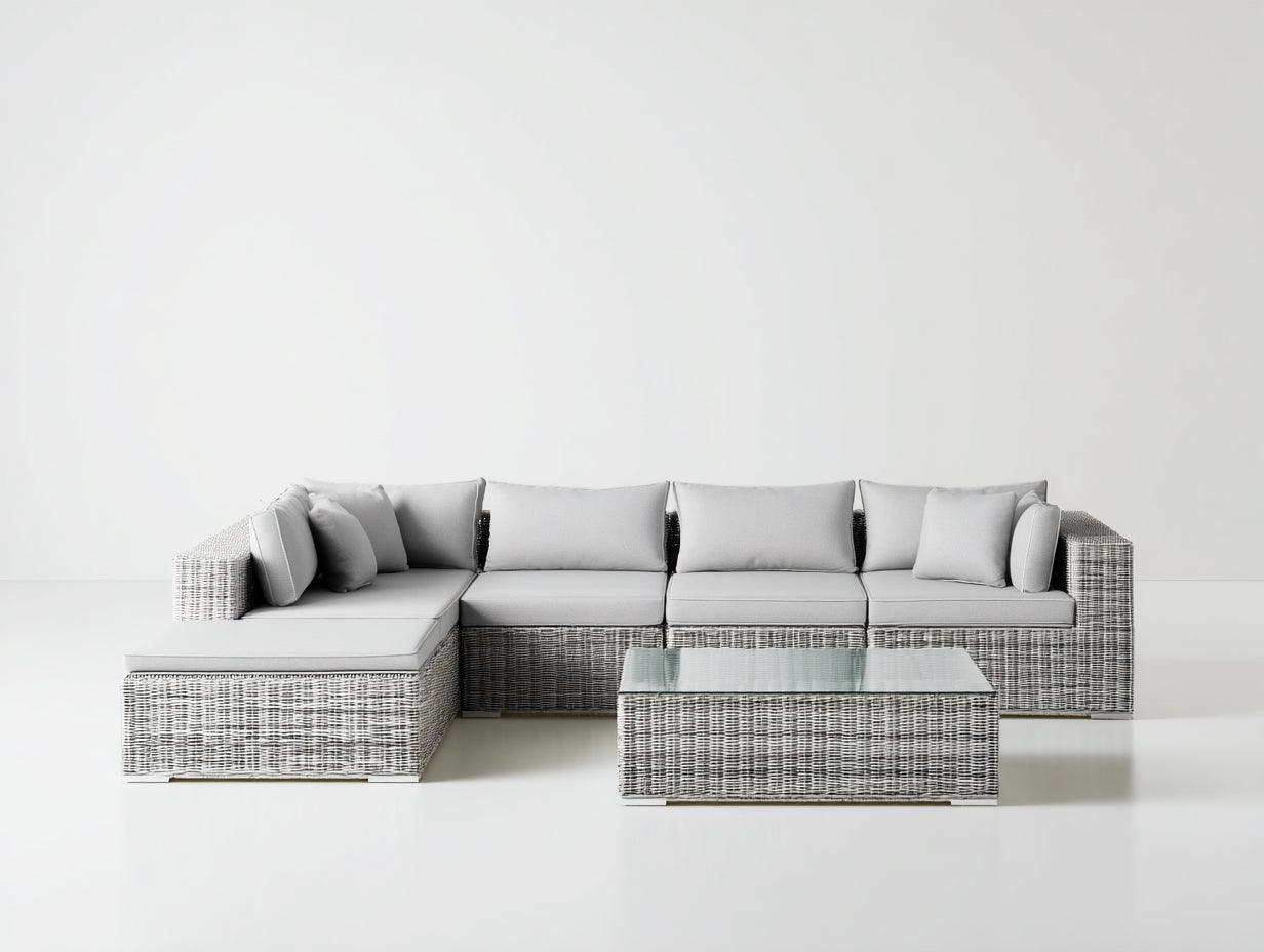 Canapé de jardin - Résine tressée-Tissu-Verre - 308 x 180 x 75 cm - Gris-Gris clair - Style contemporain