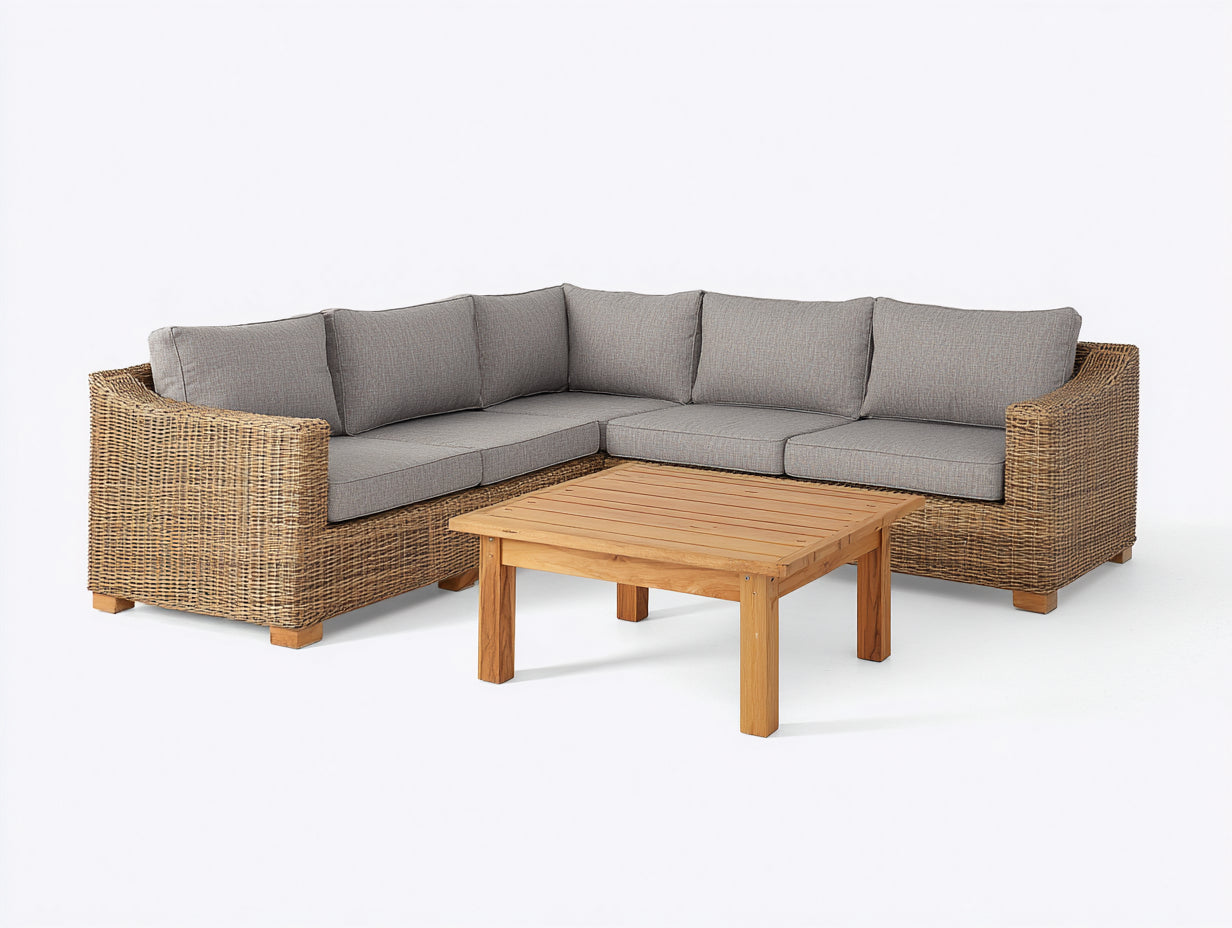 Canapé de jardin - Résine tressée-Tissu-Bois - 228 x 228 x 76 cm - Brun clair-Gris-Bois naturel - Style contemporain