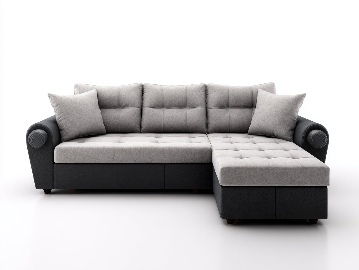 Canapé d'angle - Tissu-Similicuir-Bois - 262 x 170 x 90 cm - Gris clair-Noir-Brun foncé - Style contemporain capitonné
