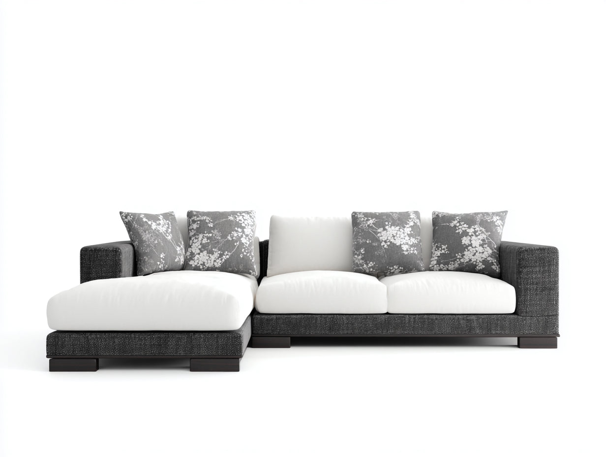 Canapé d'angle - Tissu-Bois - 265 x 165 x 84 cm - Blanc cassé-Gris anthracite-Brun foncé - Style contemporain contrasté