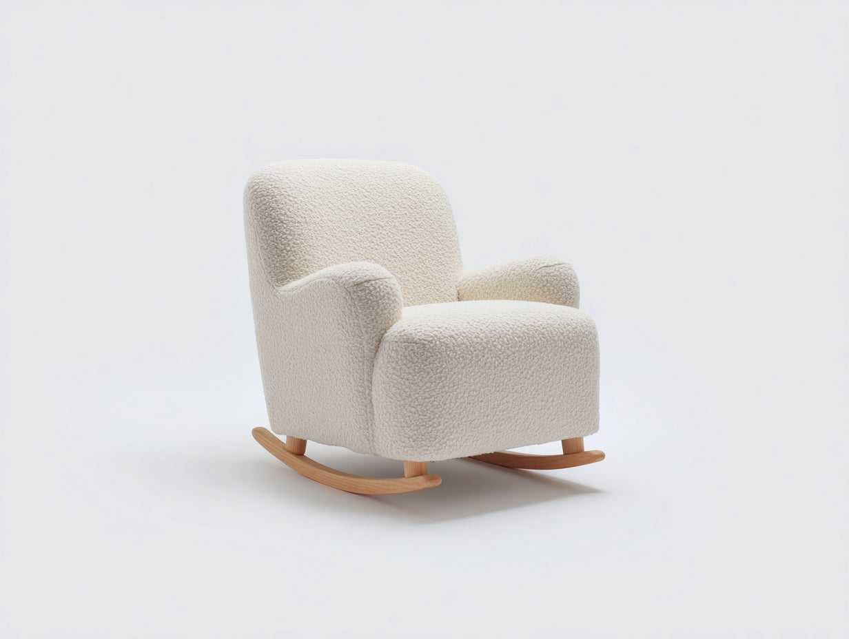 Fauteuil à bascule - tissu bouclé - bois - 75 x 84 x 88 cm - blanc cassé-bois clair - style nordique