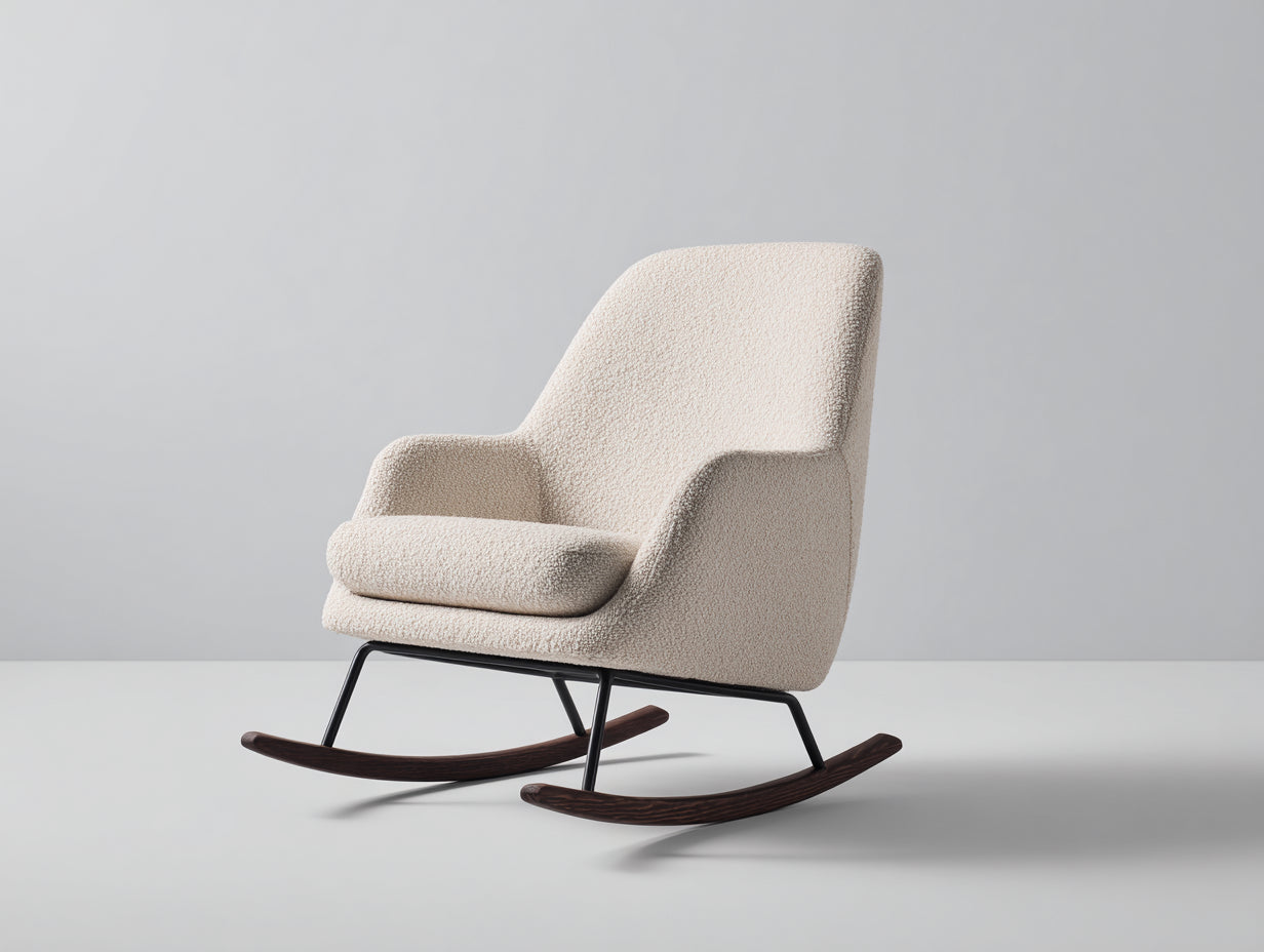 Fauteuil à bascule - tissu bouclé - métal - bois - 74 x 91 x 98 cm - blanc cassé-noir-brun foncé - style moderne