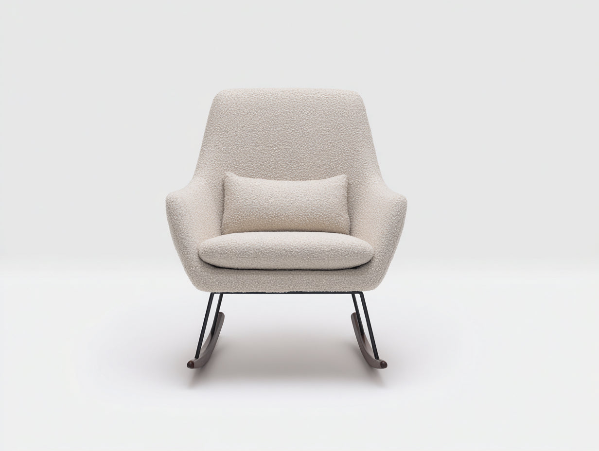 Fauteuil à bascule - tissu bouclé - métal - bois - 78 x 91 x 97 cm - blanc cassé-noir-brun foncé - style contemporain