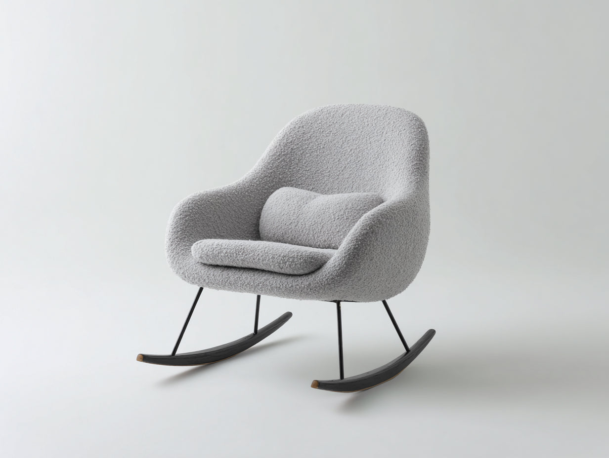 Fauteuil à bascule - tissu bouclé - métal - bois - 79 x 91 x 93 cm - gris clair-noir-bois naturel - style organique contemporain