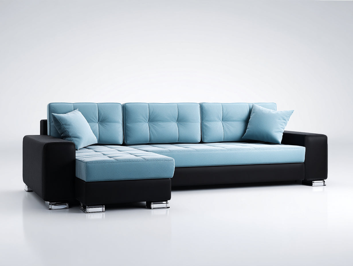 Canapé d'angle - Tissu-Similicuir-Métal - 270 x 170 x 85 cm - Bleu clair-Noir-Argenté - Style moderne capitonné