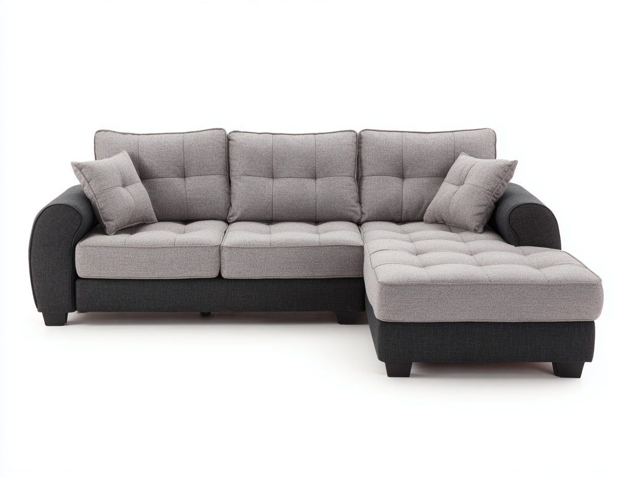 Canapé d'angle - Tissu-Bois - 260 x 170 x 90 cm - Gris clair-Gris anthracite - Style contemporain capitonné