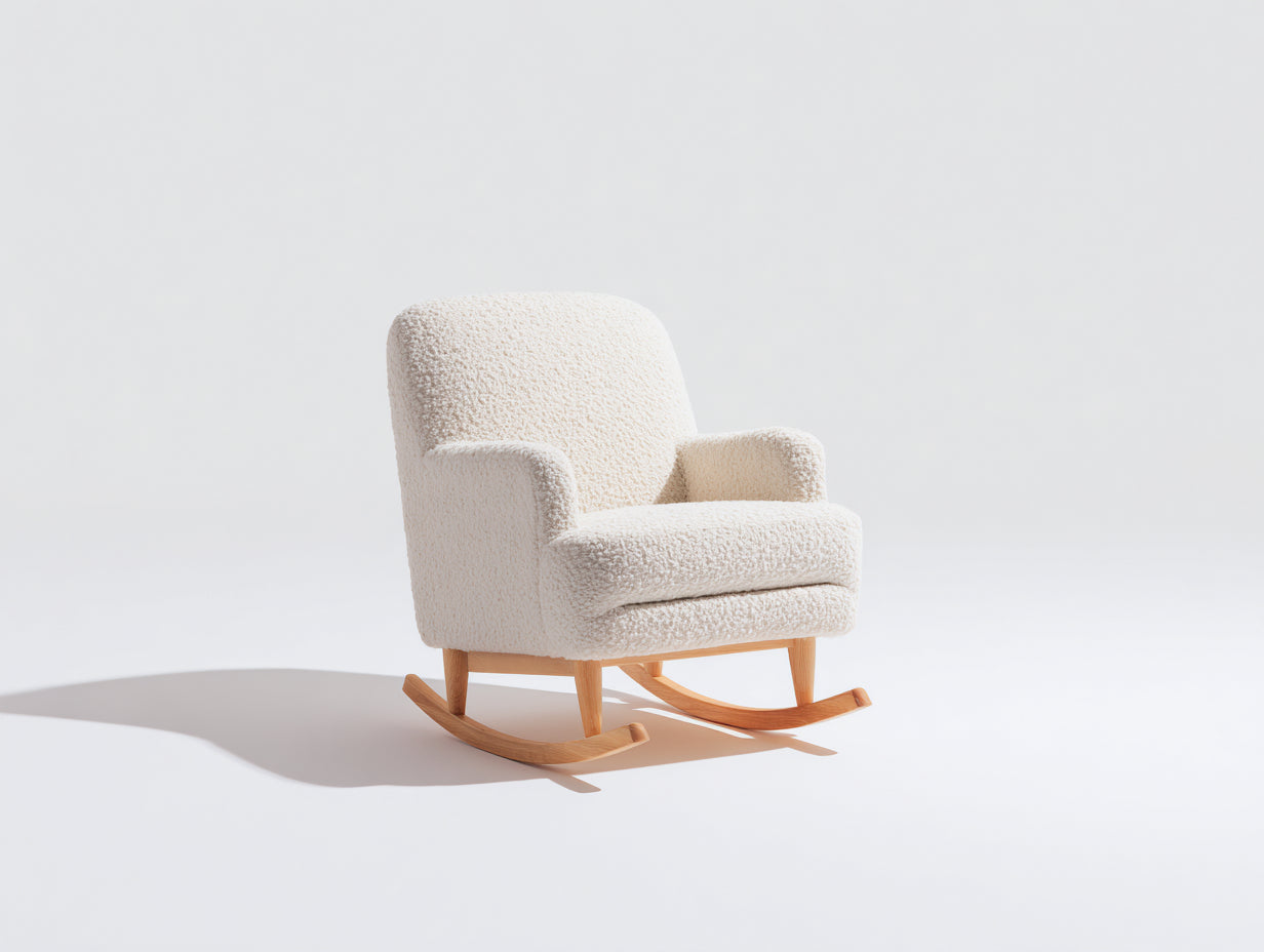 Fauteuil à bascule - tissu bouclé - bois - 74 x 86 x 92 cm - blanc cassé-bois clair - style scandinave