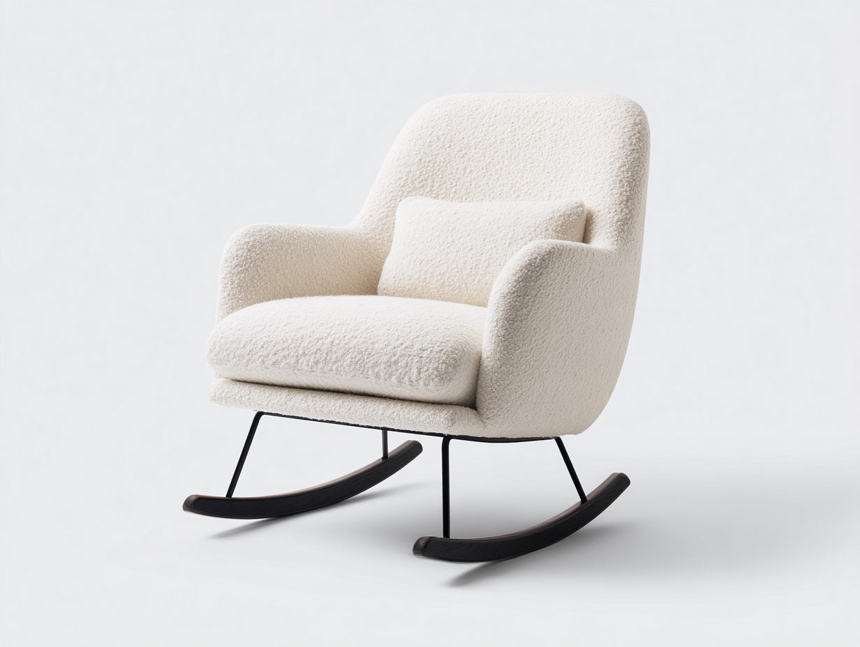 Fauteuil à bascule - tissu bouclé - métal - bois - 80 x 92 x 97 cm - blanc cassé-noir-brun foncé - style moderne