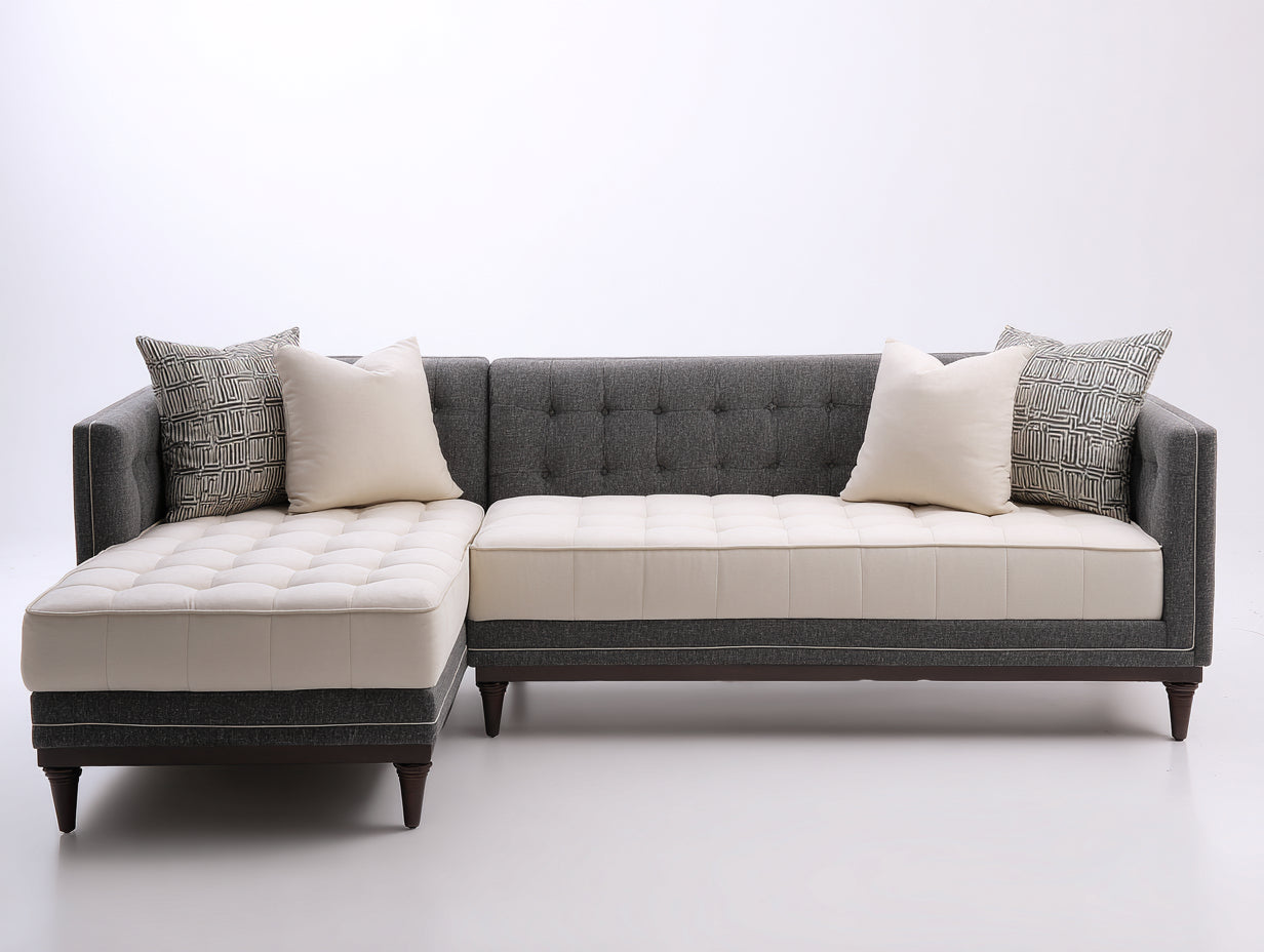 Canapé d'angle - Tissu-Bois - 255 x 165 x 84 cm - Gris foncé-Crème - Style moderne capitonné