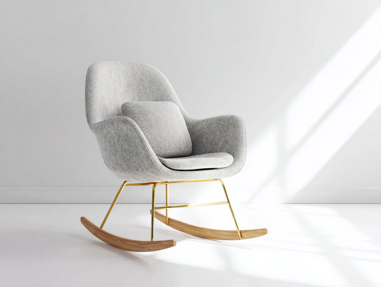 Fauteuil à bascule - tissu feutré - métal - bois - 78 x 92 x 98 cm - gris clair-doré-bois clair - style contemporain