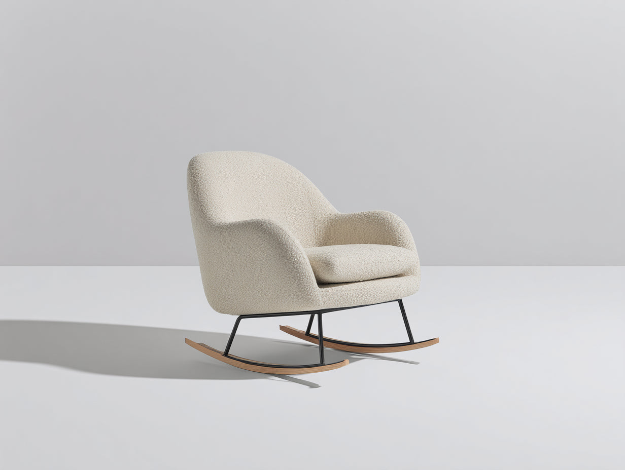 Fauteuil à bascule - tissu bouclé - métal - bois - 75 x 89 x 91 cm - blanc cassé-noir-bois clair - style contemporain