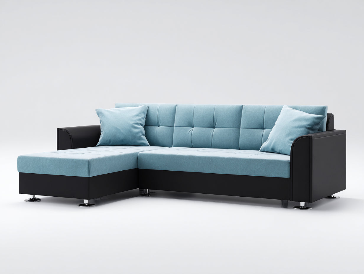 Canapé d'angle - Tissu-Similicuir-Métal - 260 x 165 x 84 cm - Bleu clair-Noir-Argenté - Style moderne capitonné