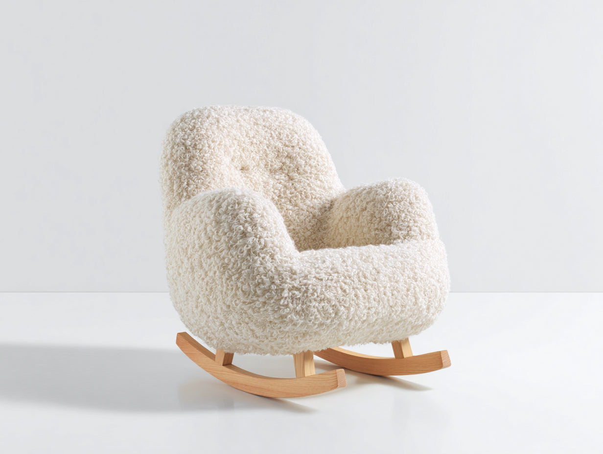Fauteuil à bascule - tissu bouclé - bois - 82 x 90 x 93 cm - blanc cassé-bois clair - style cocooning