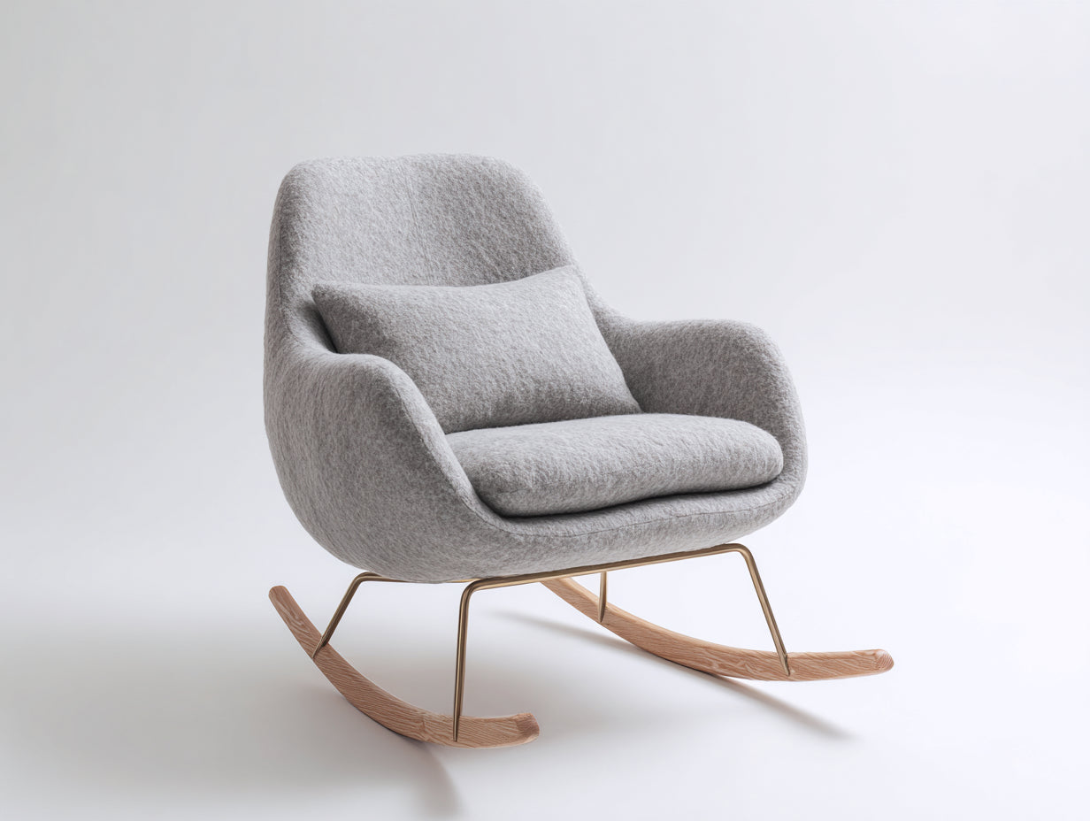 Fauteuil à bascule - tissu texturé - métal - bois - 79 x 92 x 96 cm - gris clair-doré-bois clair - style contemporain