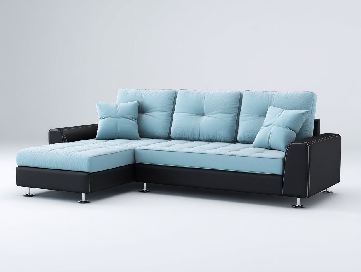 Canapé d'angle - Tissu-Similicuir-Métal - 265 x 165 x 88 cm - Bleu clair-Noir-Argenté - Style contemporain bicolore