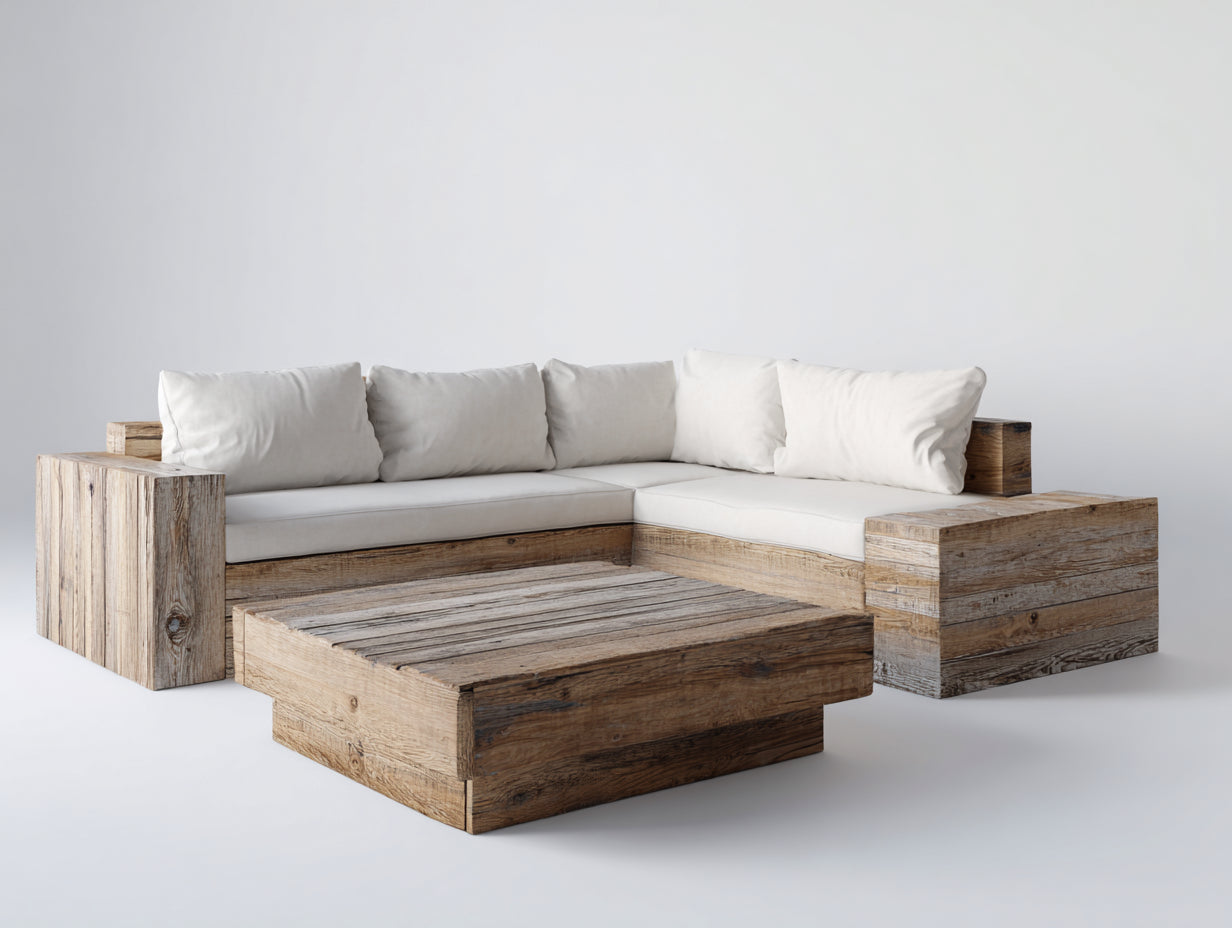 Canapé de jardin - Bois-Tissu - 238 x 190 x 75 cm - Bois vieilli-Blanc - Style rustique