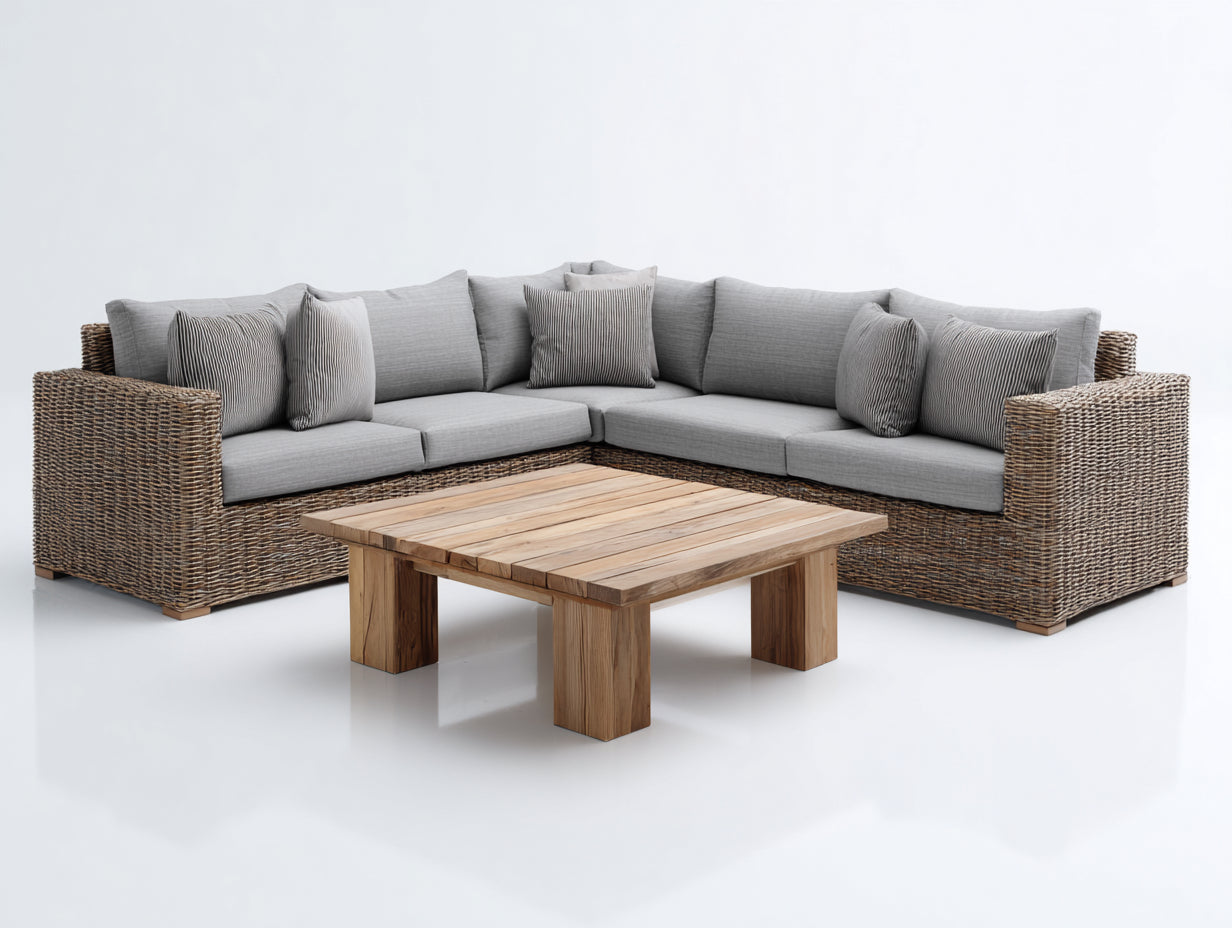 Canapé de jardin - Résine tressée-Tissu-Bois - 244 x 244 x 76 cm - Brun naturel-Gris-Bois naturel - Style contemporain