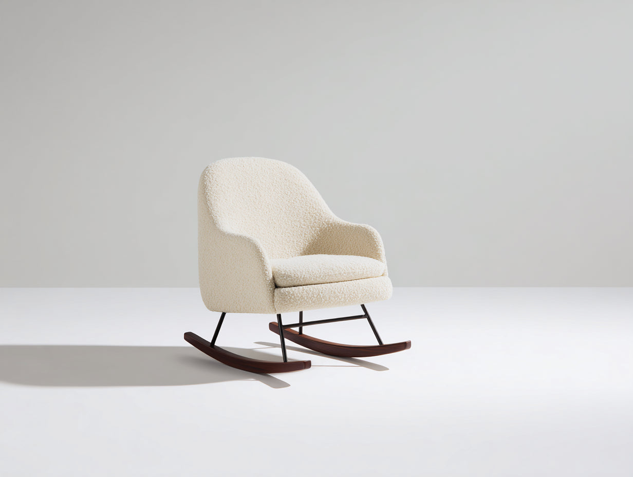 Fauteuil à bascule - tissu bouclé - métal - bois - 74 x 87 x 90 cm - blanc cassé-noir-brun foncé - style contemporain