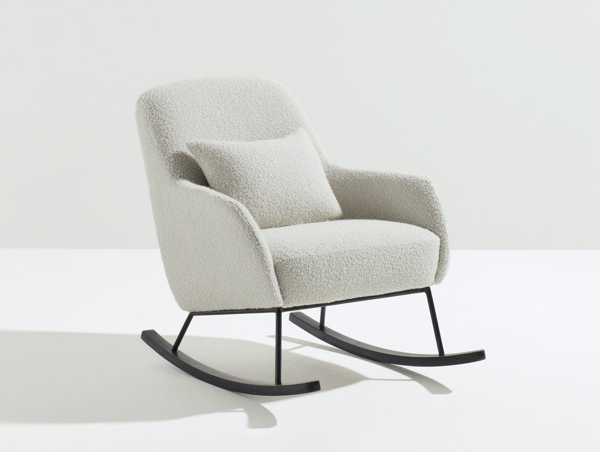 Fauteuil à bascule - tissu bouclé - métal - bois - 76 x 90 x 94 cm - gris clair-noir - style contemporain