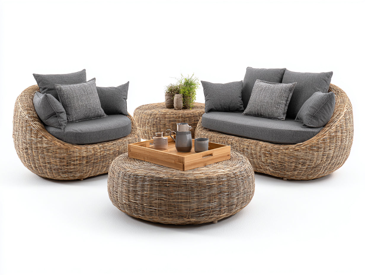 Canapé de jardin - Résine tressée-Tissu - 182 x 102 x 83 cm - Beige naturel-Gris anthracite - Style organique contemporain